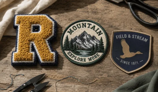 Side-by-side comparison of chenille letter R, embroidered, and woven custom patches